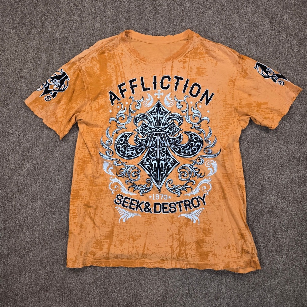 Y2K Affliction T-Shirt Mens XL Orange Graphic Seek & Destroy Distressed